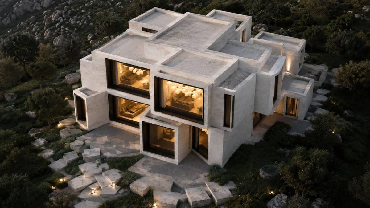 Calma.Basic modular home on a hillside — prefab residence overlooking open land in the Philippines