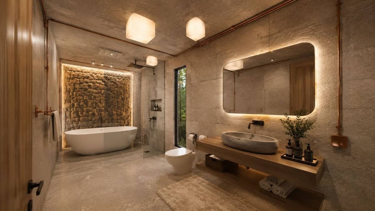 Calma.Basic spa bath with copper conduits and stacked stone — modular home interior Philippines