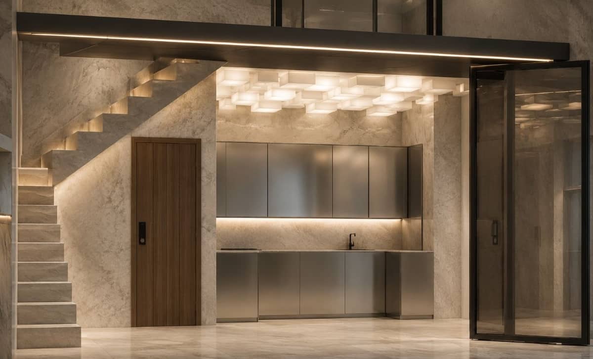 Calma.Basic modular home interior — stone stair and kitchen at five-star hotel fit-out standard