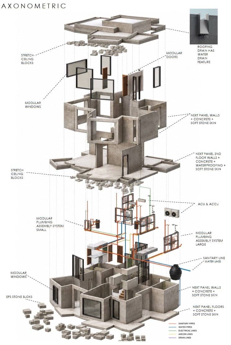 Calma.Basic axonometric assembly — modular walls, floors, MEP plumbing, aircon, and EPS stone blocks