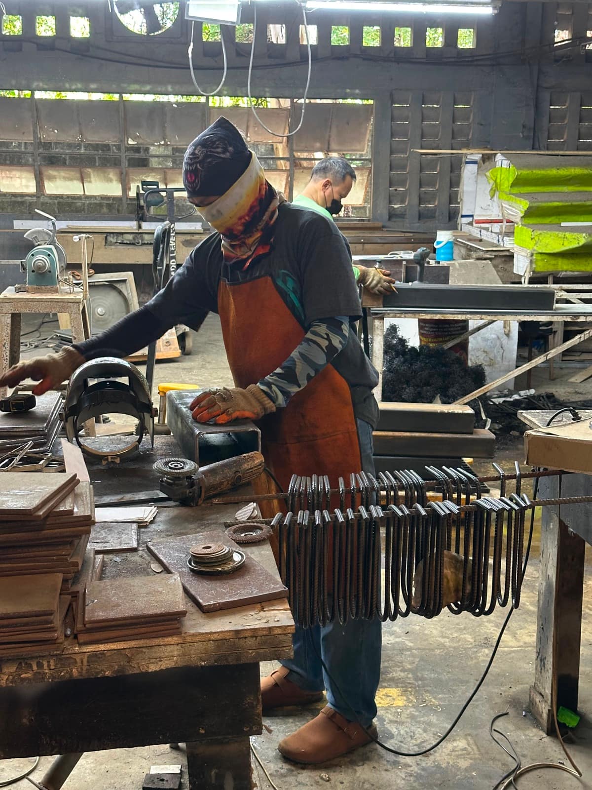 Prior plant work — bench fabrication with plate stacks and bent rebar, San Simon (not a Calma.Basic product)