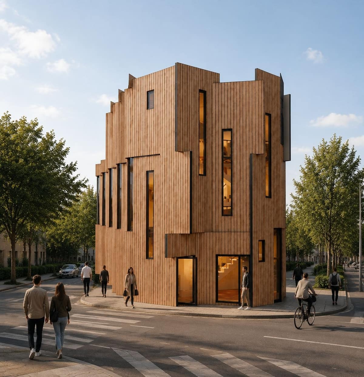 Calma.Complex mixed-use small building on a street corner — wood-clad LGS assembly, no basement