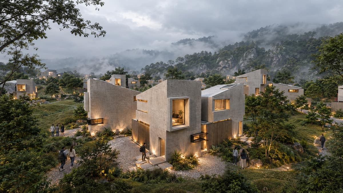 Calma.Basic next-panel village — clustered brutalist concrete modules in misty mountains