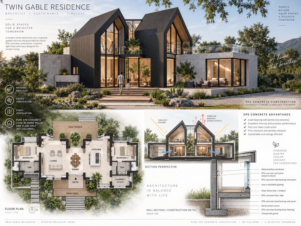 Calma.Basic twin gable residence — two dark gables on an EPS concrete plinth