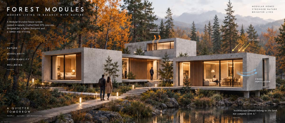 Calma.Basic forest modules — stacked EPS concrete cubes on stilts at the water’s edge