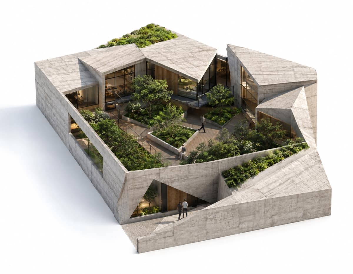 Calma.Basic interlocking concrete courtyard house — isometric court, raked lids, planted roofs