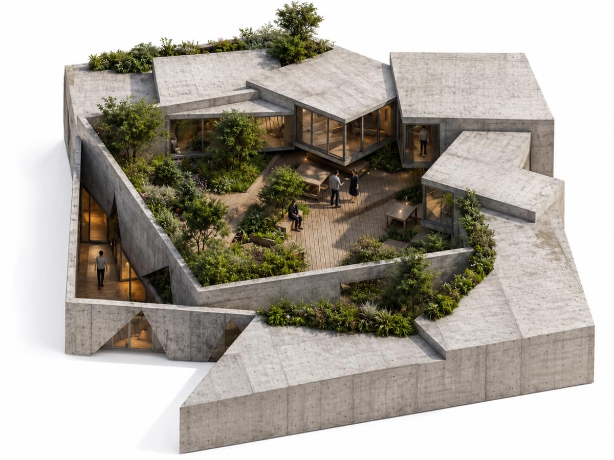 Calma.Basic interlocking concrete courtyard house — planted roof decks around a wood court
