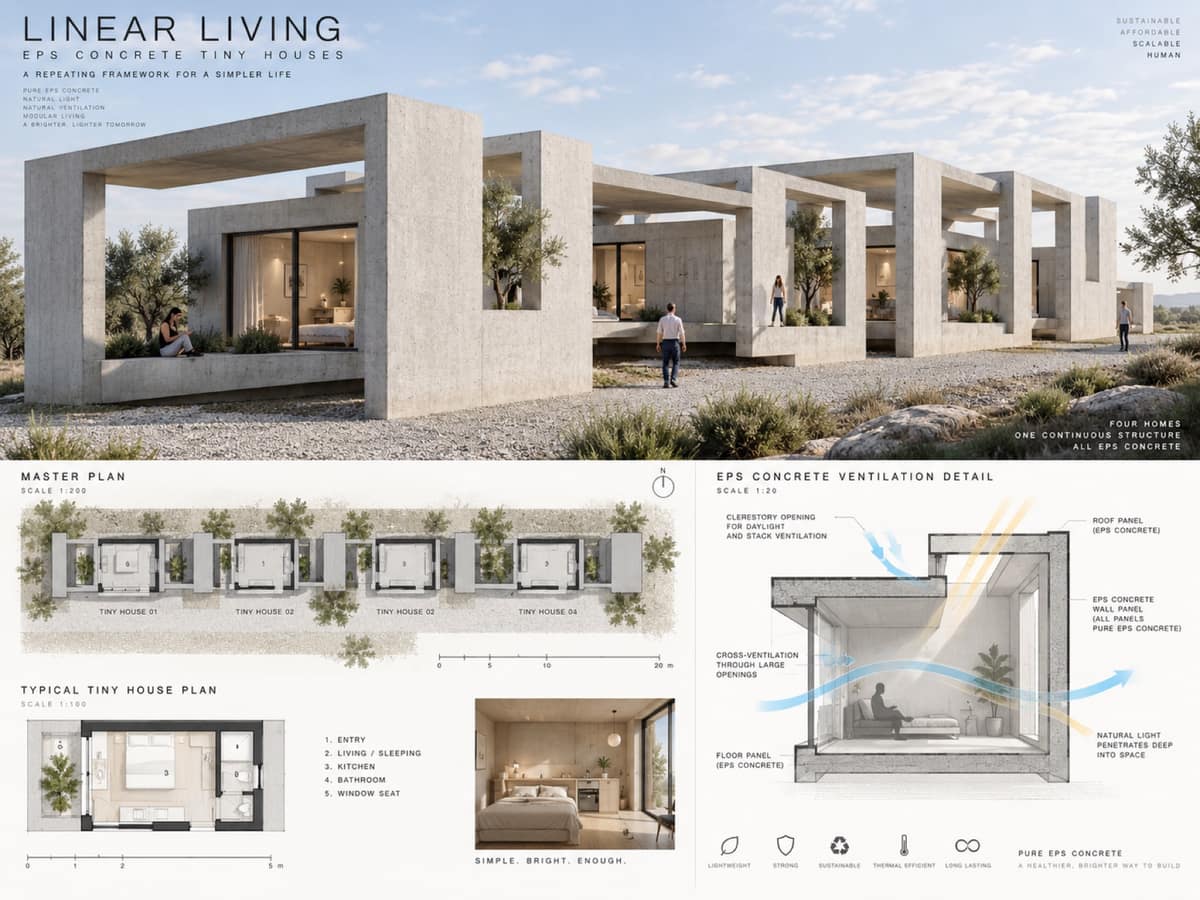 Calma.Basic linear living — EPS concrete tiny houses in one continuous brutalist bar