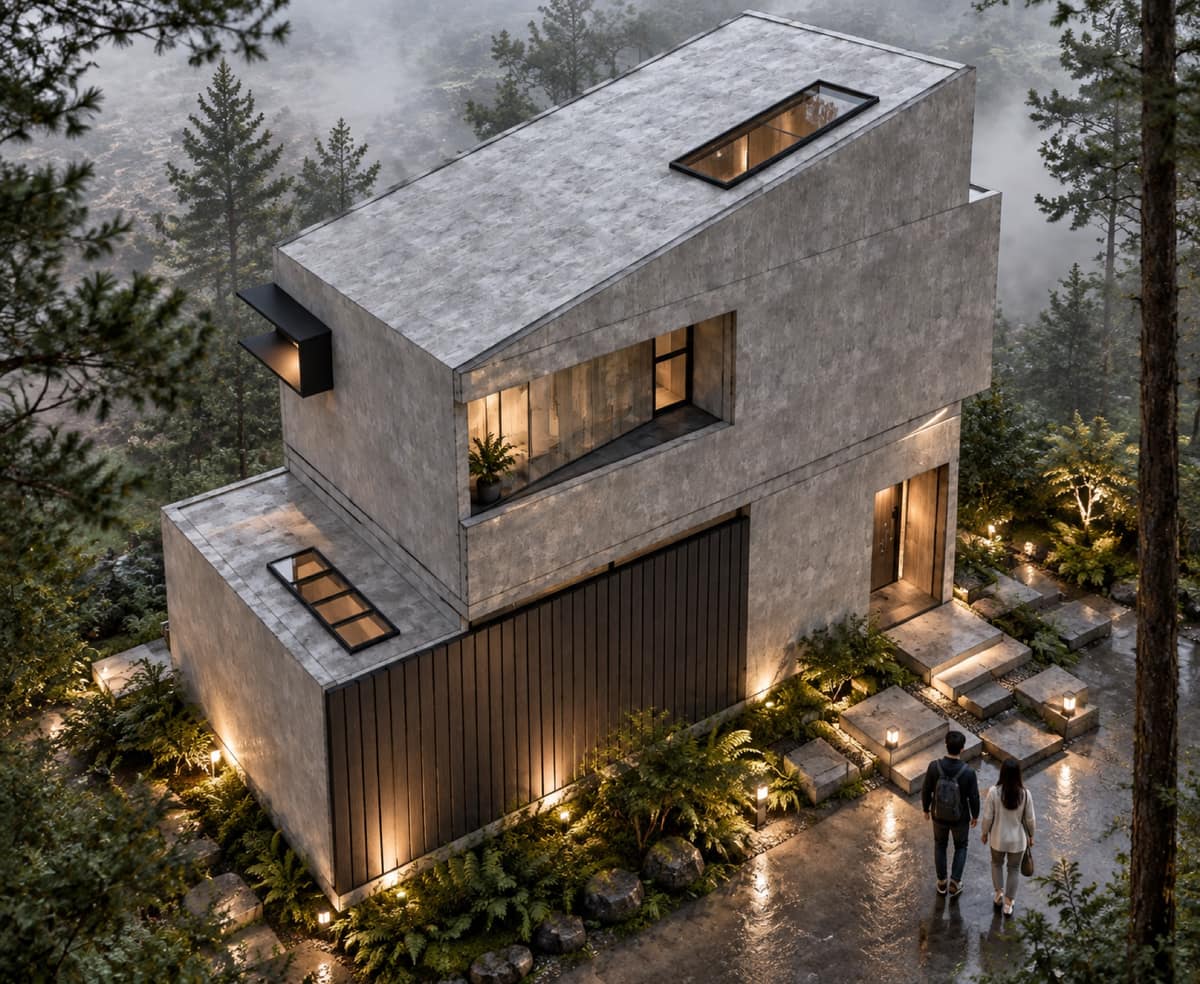 Calma.Basic next-panel house — stacked concrete volumes with a shed lid in misty pines