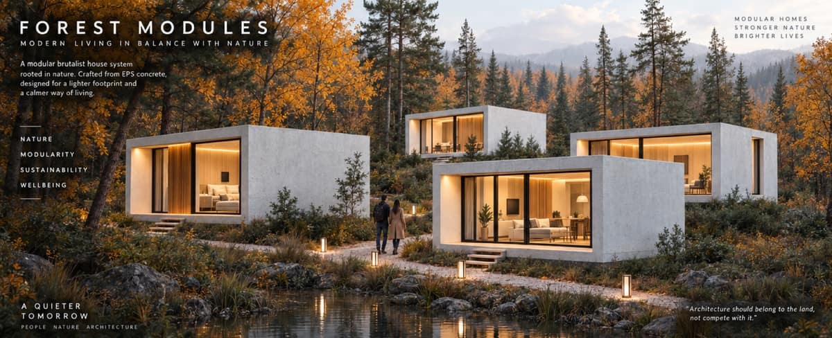 Calma.Basic rectangular forest modules — brutalist EPS concrete boxes in autumn pines