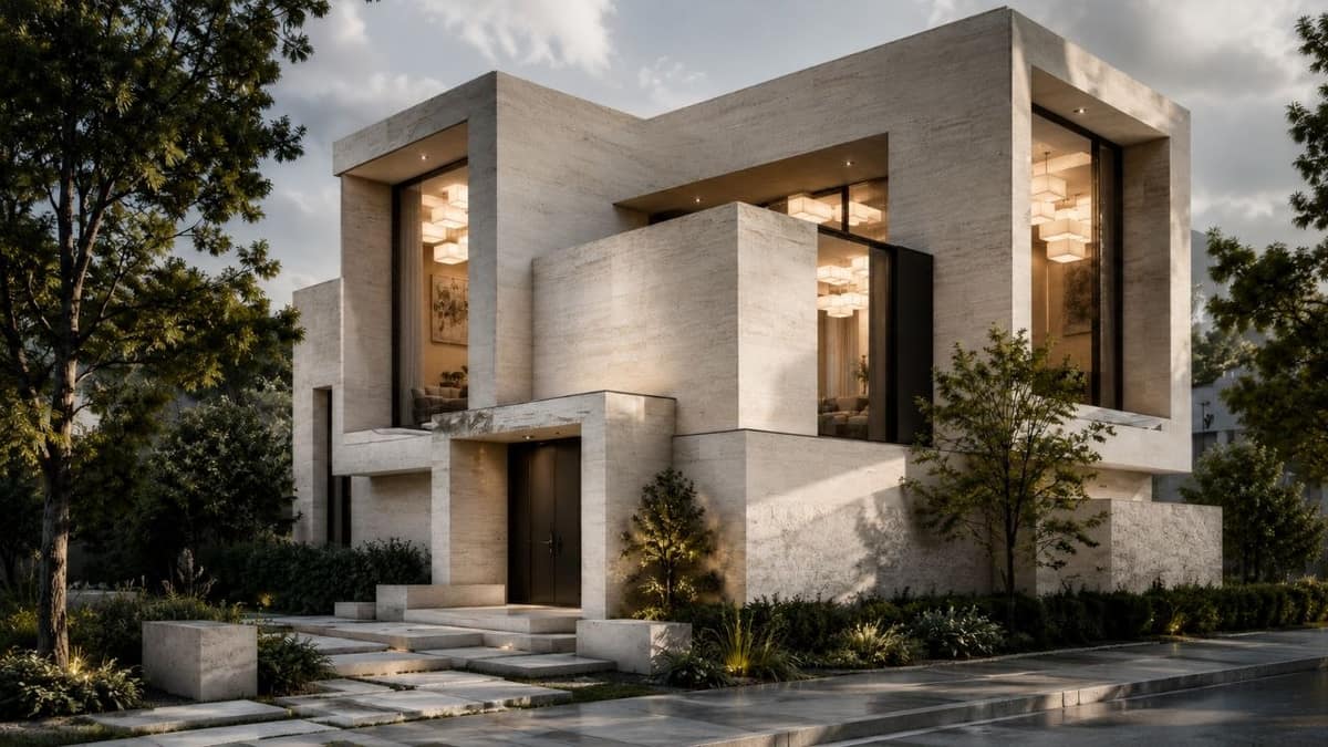 Calma.Basic stone modular villa on a quiet street — black stone and travertine facade