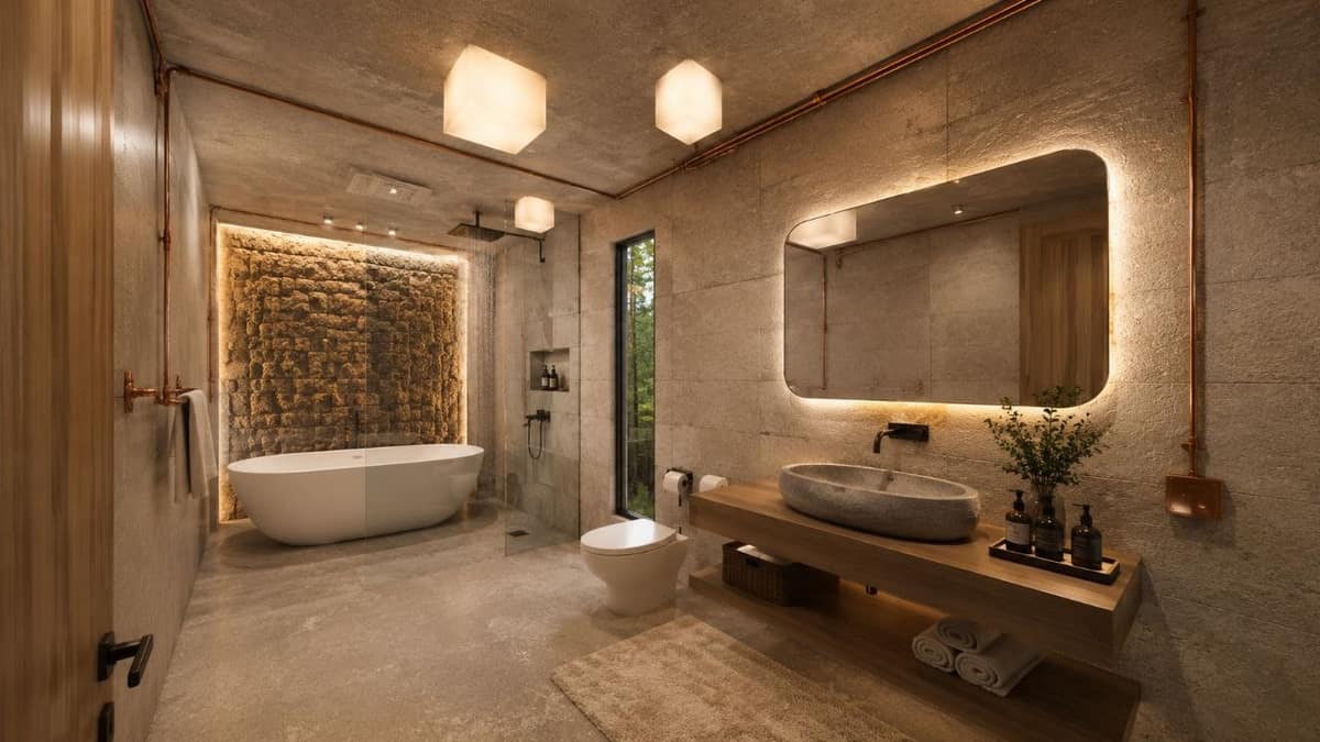 Calma.Basic spa bath with copper conduits and stacked stone — modular home interior Philippines