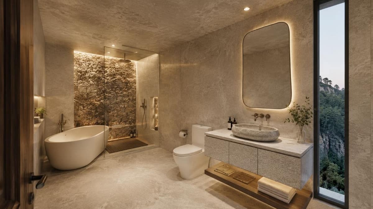 Calma.Basic spa bath with freestanding tub and forest window at dusk