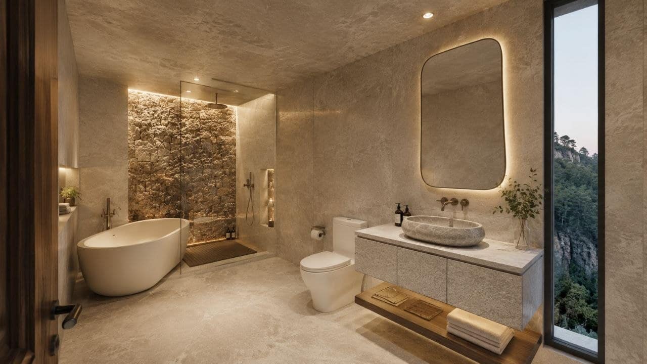 Calma.Basic spa bath with freestanding tub and forest window at dusk