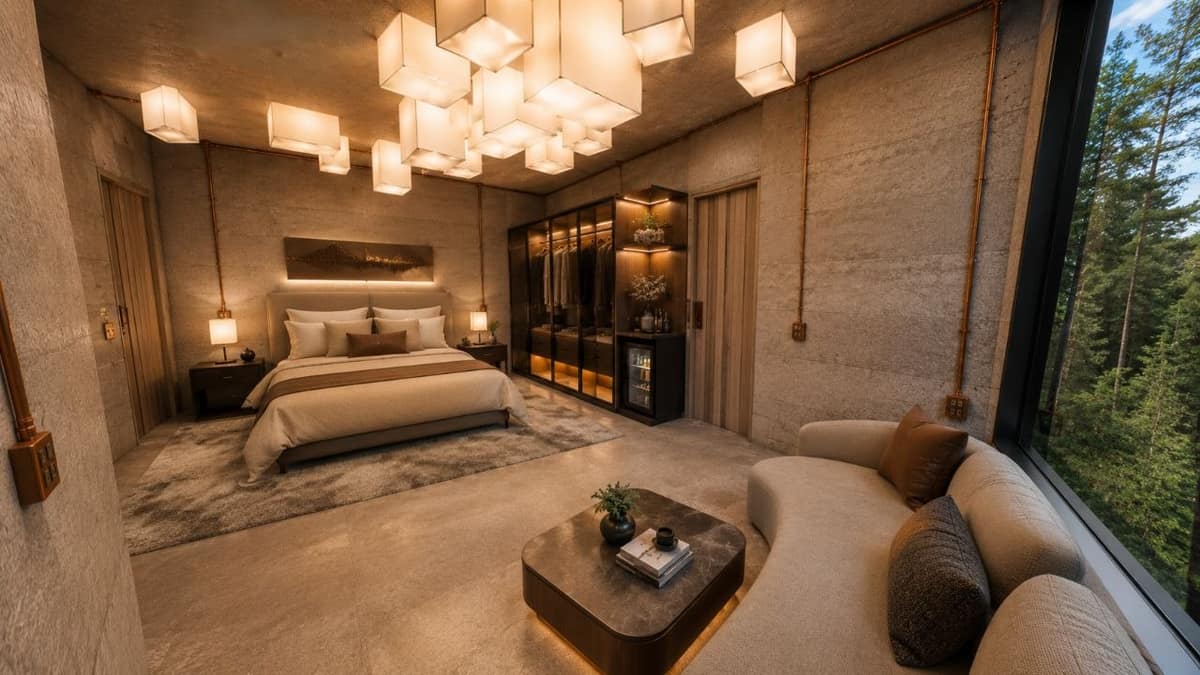 Calma.Basic bedroom suite with forest glazing — five-star hotel fit-out standard