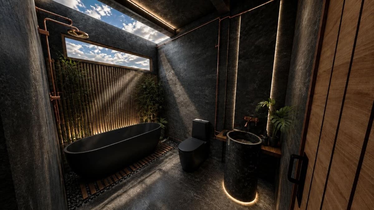 Calma.Basic black-skin spa bath — matte black tub, copper lines, bamboo wall, skylight