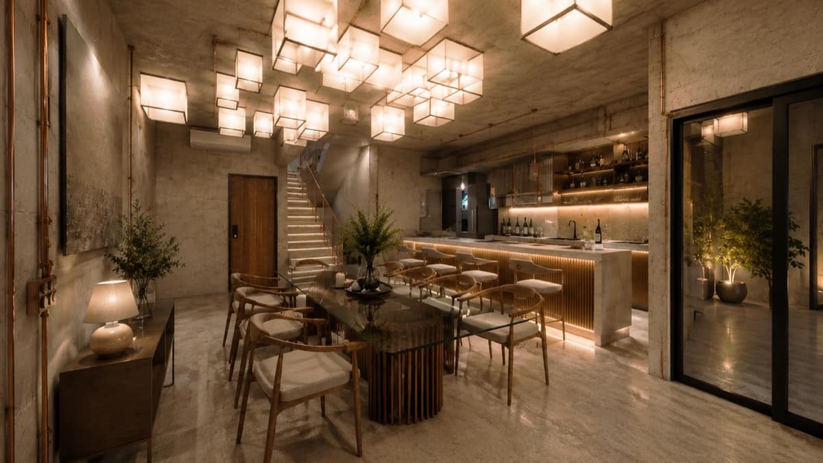 Calma.Basic dining and bar with cube lantern ceiling and copper accents — modular home interior Philippines
