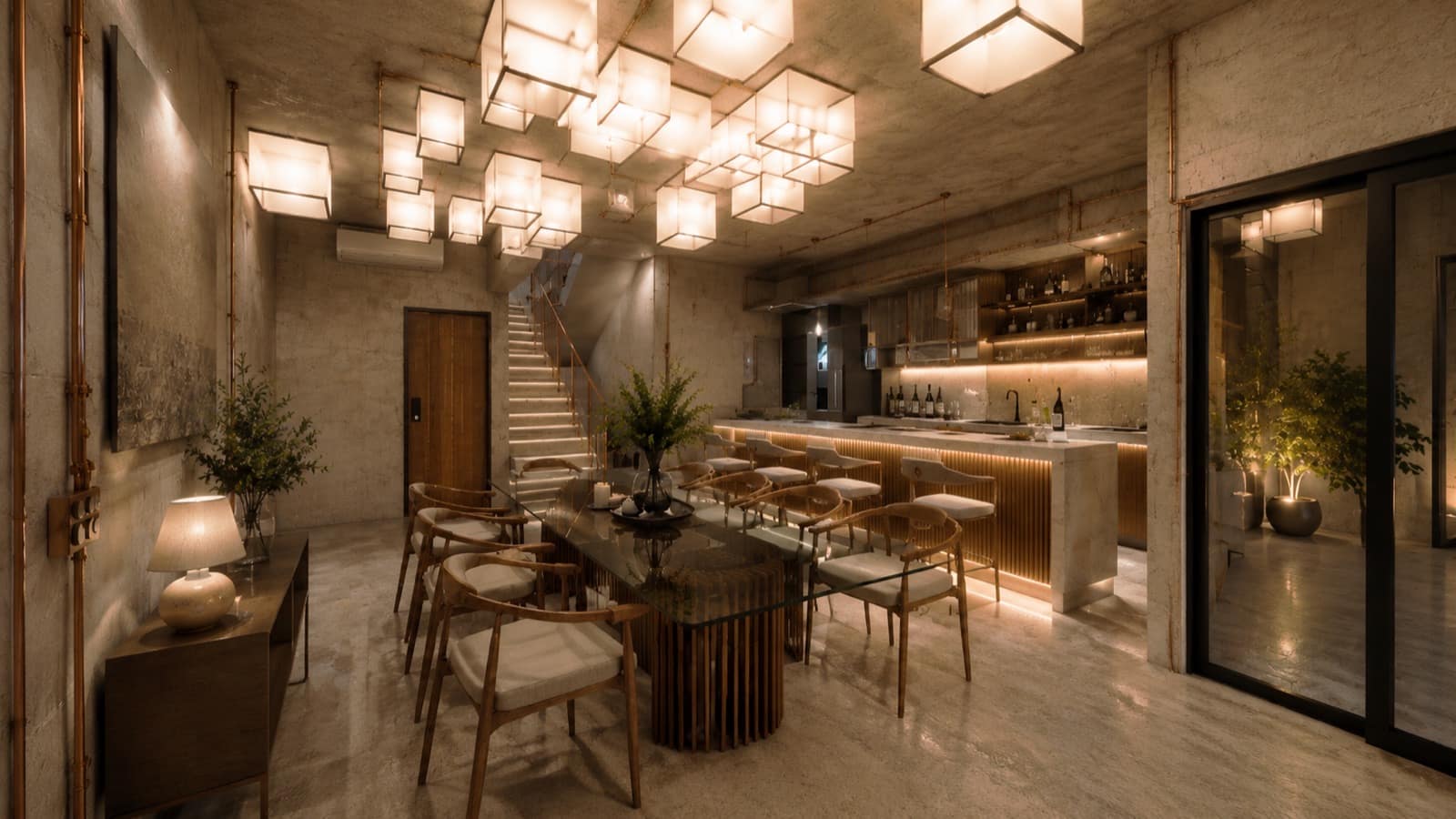 Calma.Basic dining and bar with cube lantern ceiling and copper accents — modular home interior Philippines