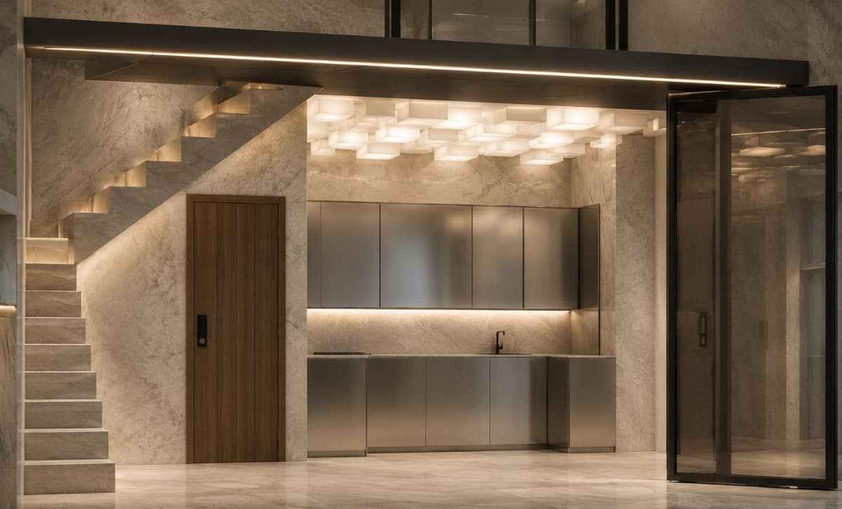 Calma.Basic modular home interior — stone stair and kitchen at five-star hotel fit-out standard