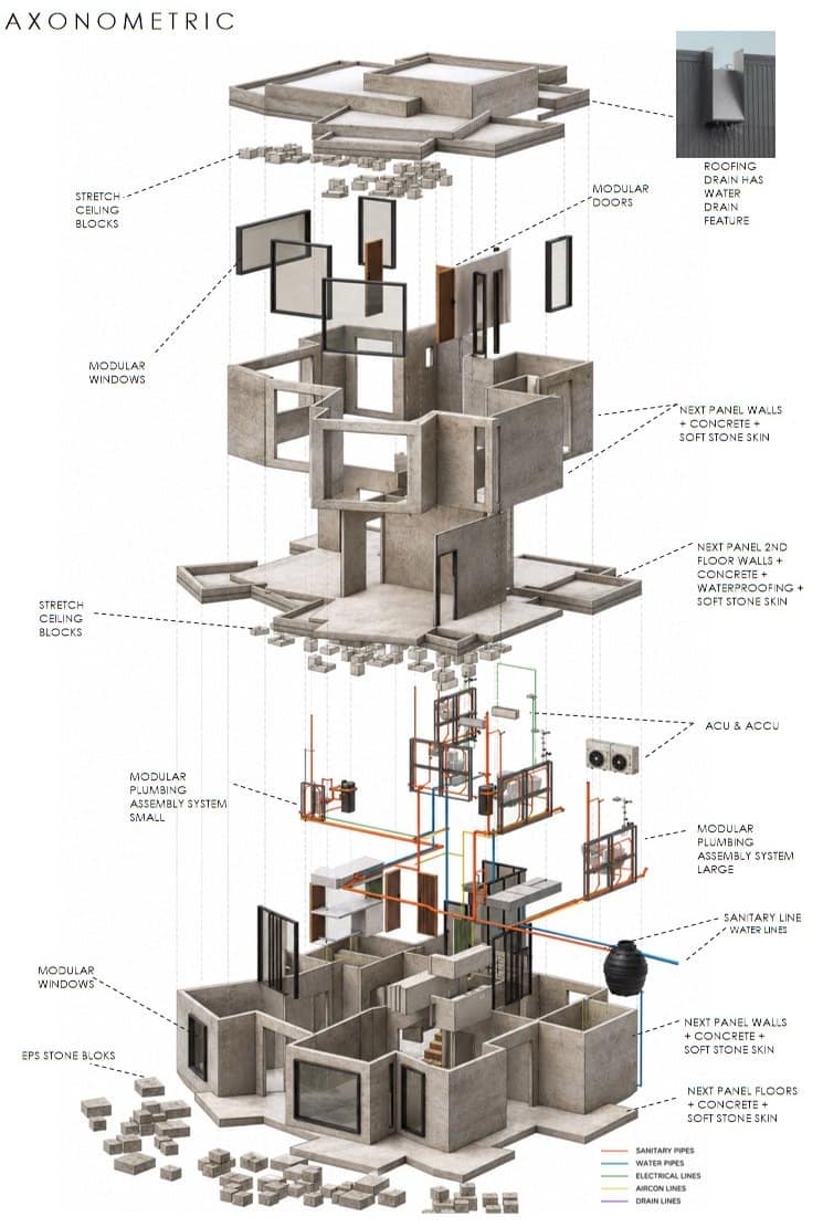 Calma.Basic axonometric assembly — modular walls, floors, MEP plumbing, aircon, and EPS stone blocks