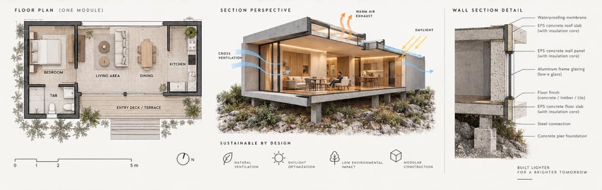 Calma.Basic EPS module — floor plan, section perspective, and wall-section of one concrete bay