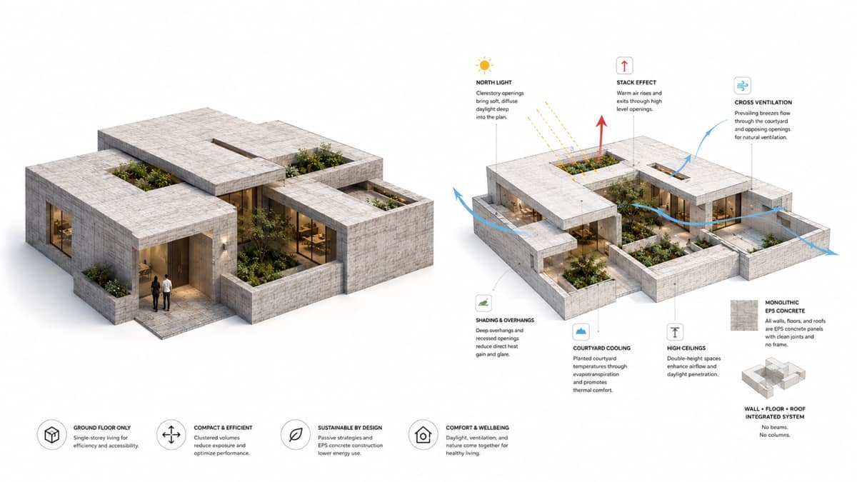 Calma.Basic EPS concrete wall-floor-roof system — one-storey courtyard volumes, north light and stack vent