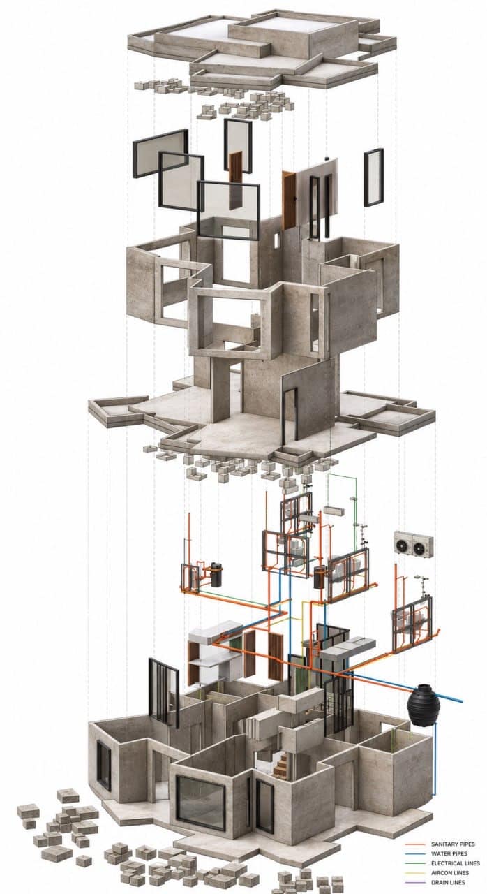 Calma.Basic exploded modular home — concrete shells with color-coded sanitary, water, electrical, and aircon lines