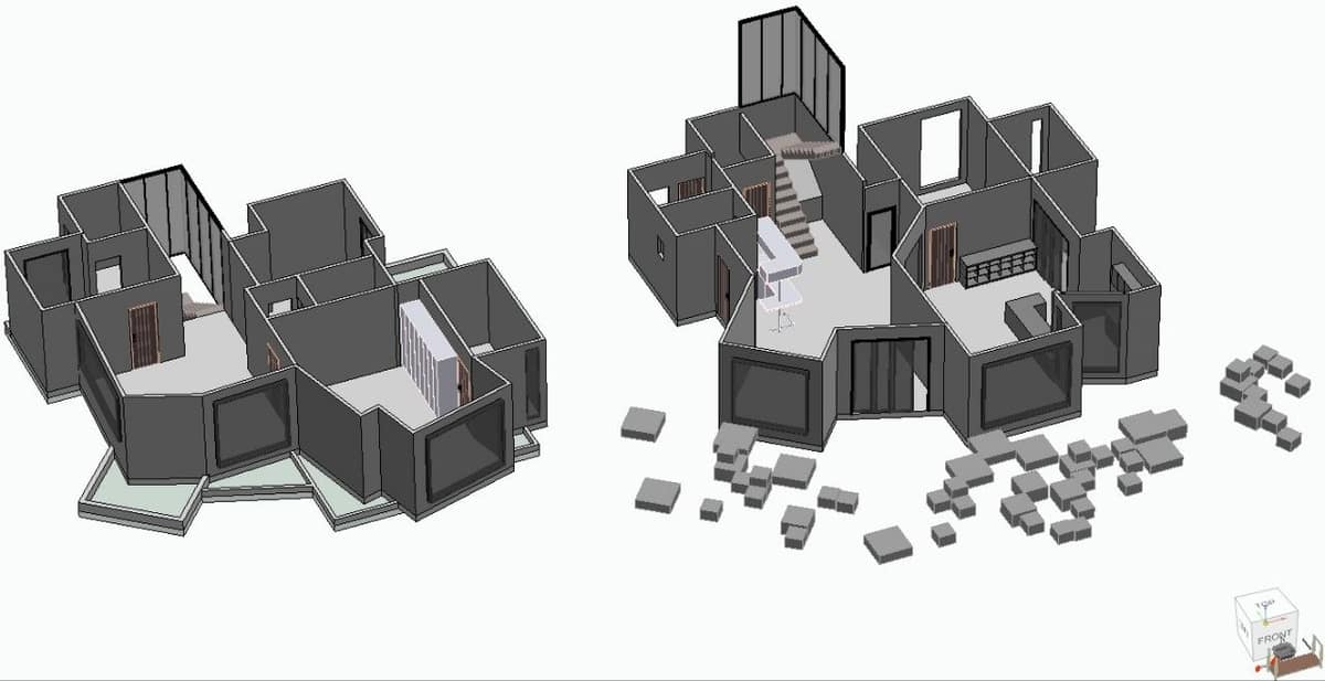 Calma.Basic modular massing study — isometric assembly volumes and plan logic