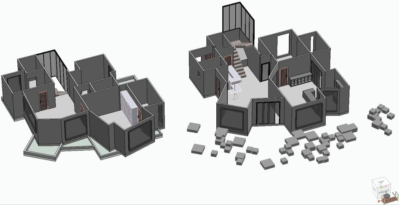 Calma.Basic modular massing study — isometric assembly volumes and plan logic