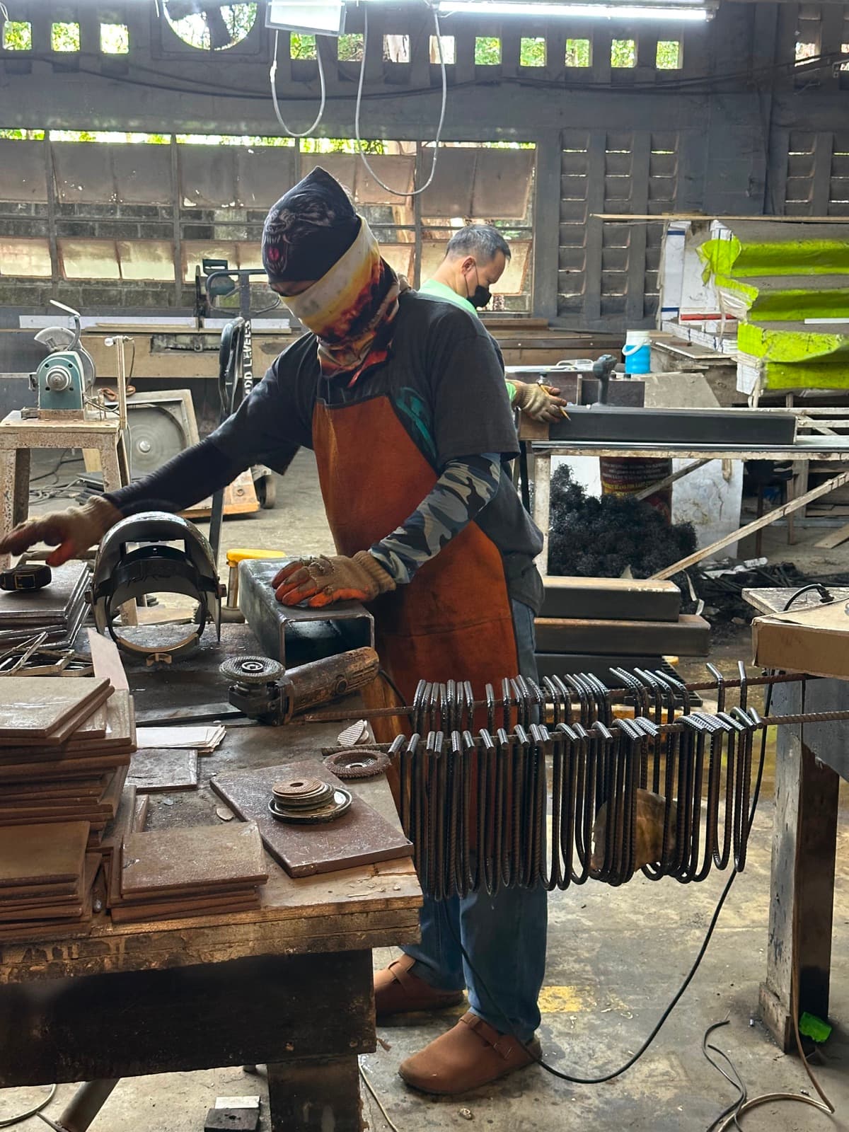 Prior plant work — bench fabrication with plate stacks and bent rebar, San Simon (not a Calma.Basic product)