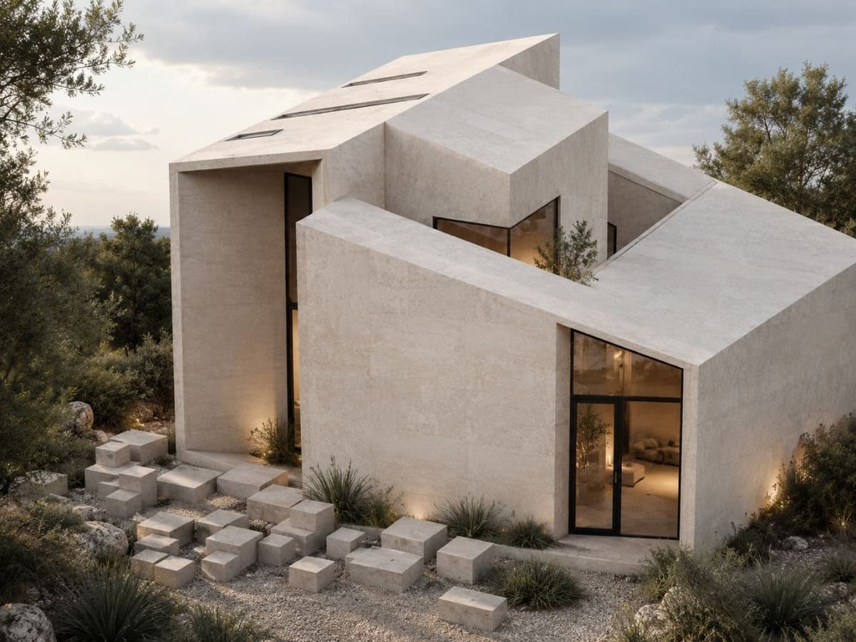 Calma.Basic crystalline angular modular residence at golden hour — Philippines