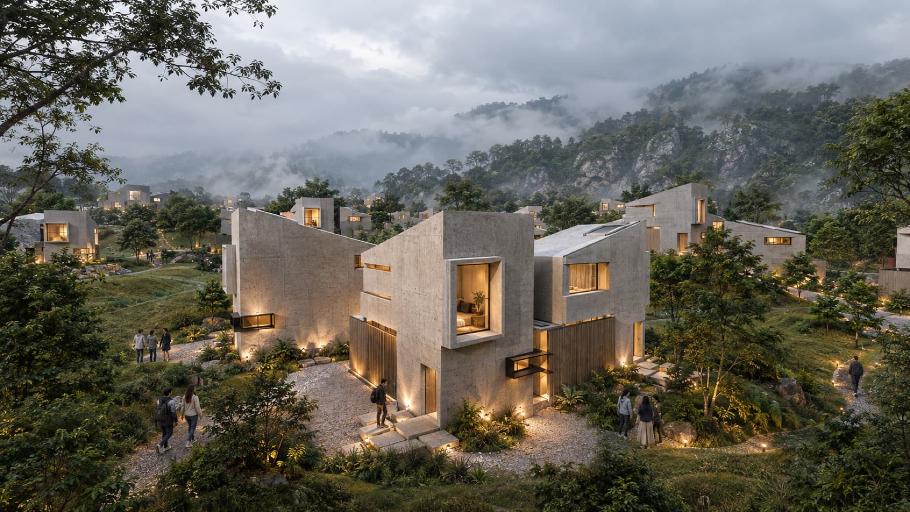 Calma.Basic next-panel village — clustered brutalist concrete modules in misty mountains
