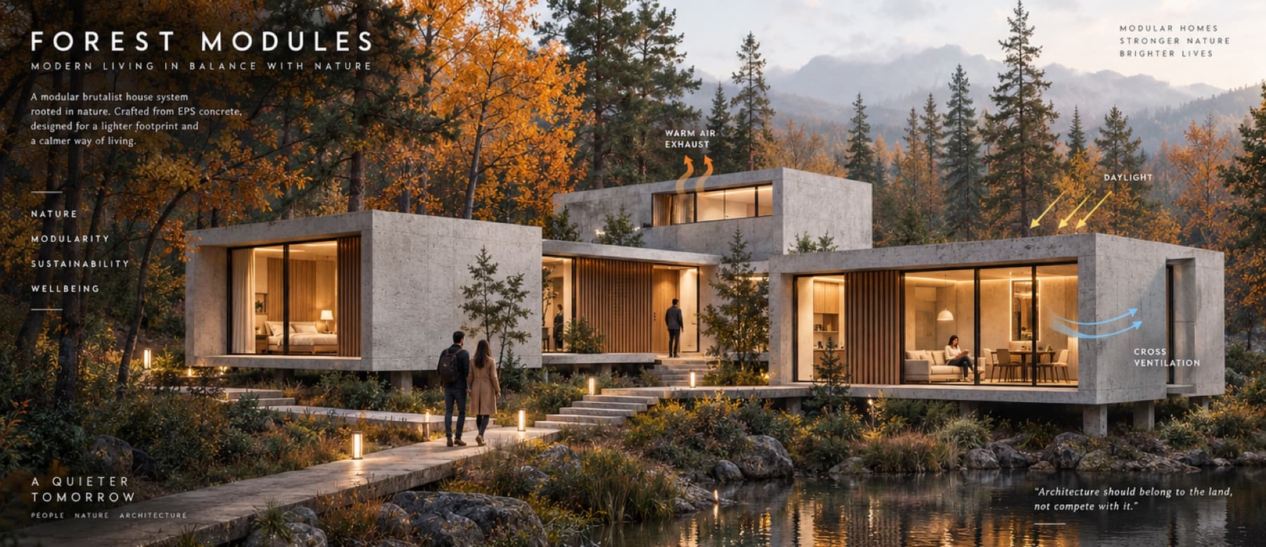 Calma.Basic forest modules — stacked EPS concrete cubes on stilts at the water’s edge