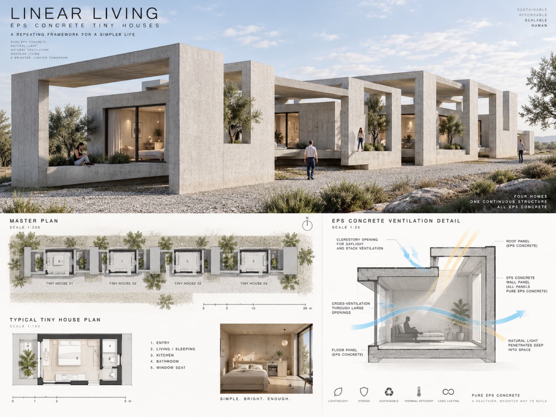 Calma.Basic linear living — EPS concrete tiny houses in one continuous brutalist bar