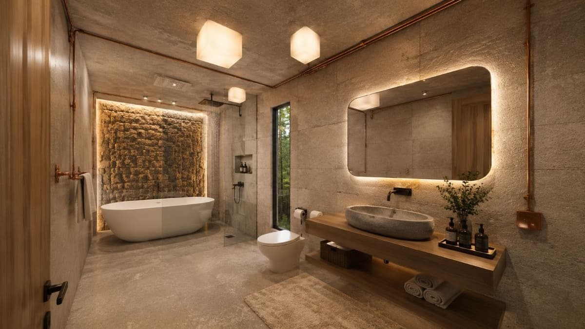 Calma.Basic spa bath with copper conduits and stacked stone — modular home interior Philippines