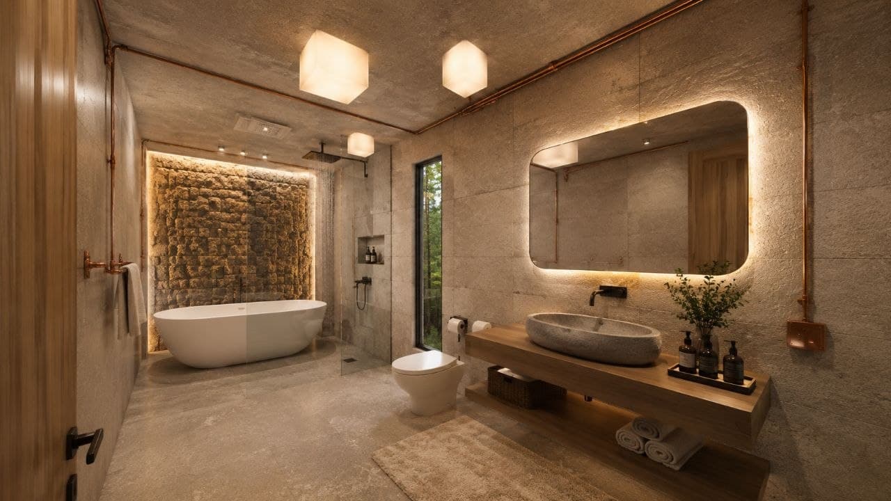 Calma.Basic spa bath with copper conduits and stacked stone — modular home interior Philippines