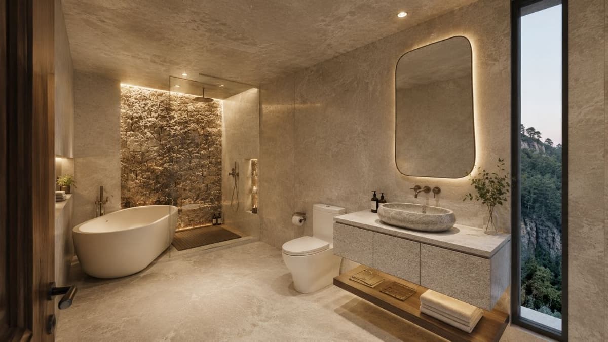 Calma.Basic spa bath with freestanding tub and forest window at dusk