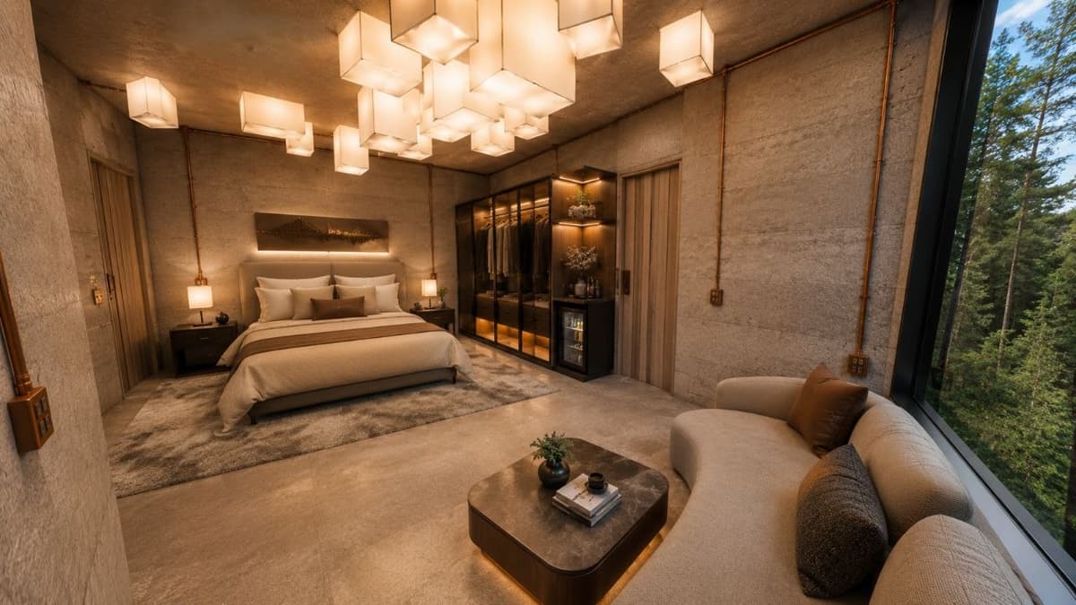 Calma.Basic bedroom suite with forest glazing — five-star hotel fit-out standard