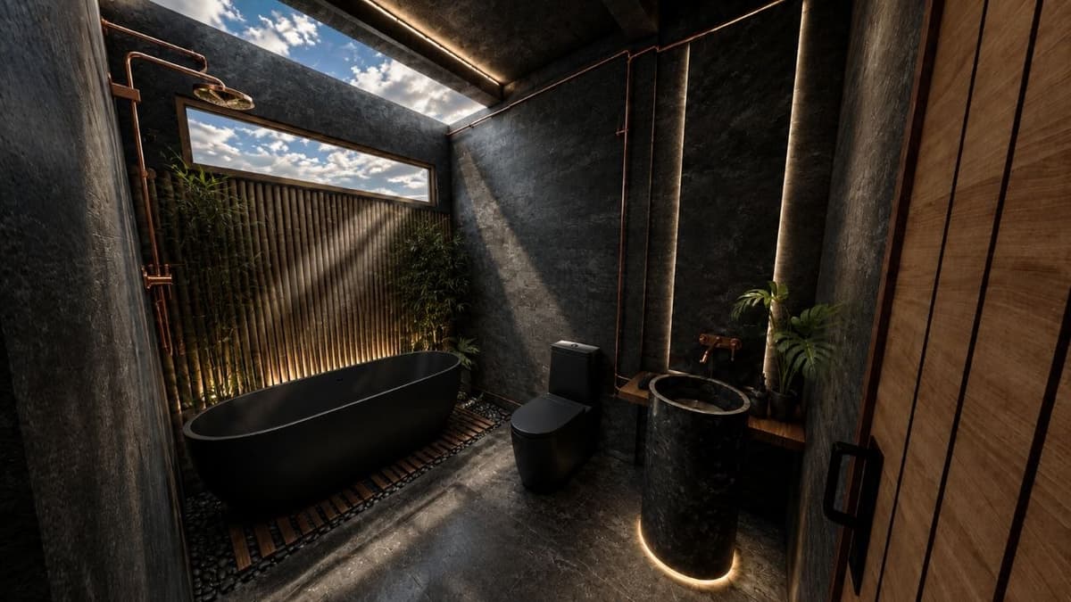 Calma.Basic black-skin spa bath — matte black tub, copper lines, bamboo wall, skylight