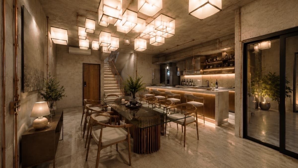 Calma.Basic dining and bar with cube lantern ceiling and copper accents — modular home interior Philippines