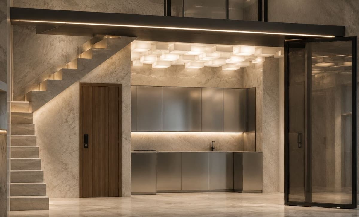 Calma.Basic modular home interior — stone stair and kitchen at five-star hotel fit-out standard
