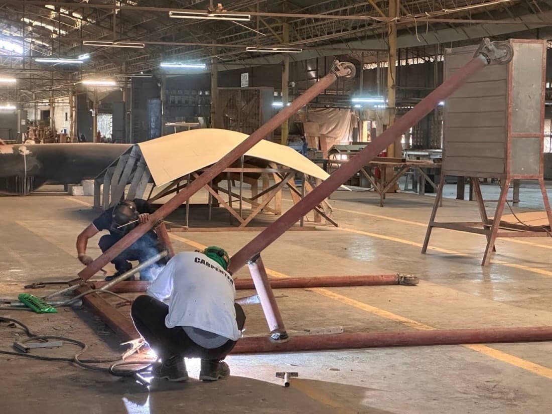 Prior plant work — welding a steel frame assembly on the San Simon factory floor (not a Calma.Basic product)