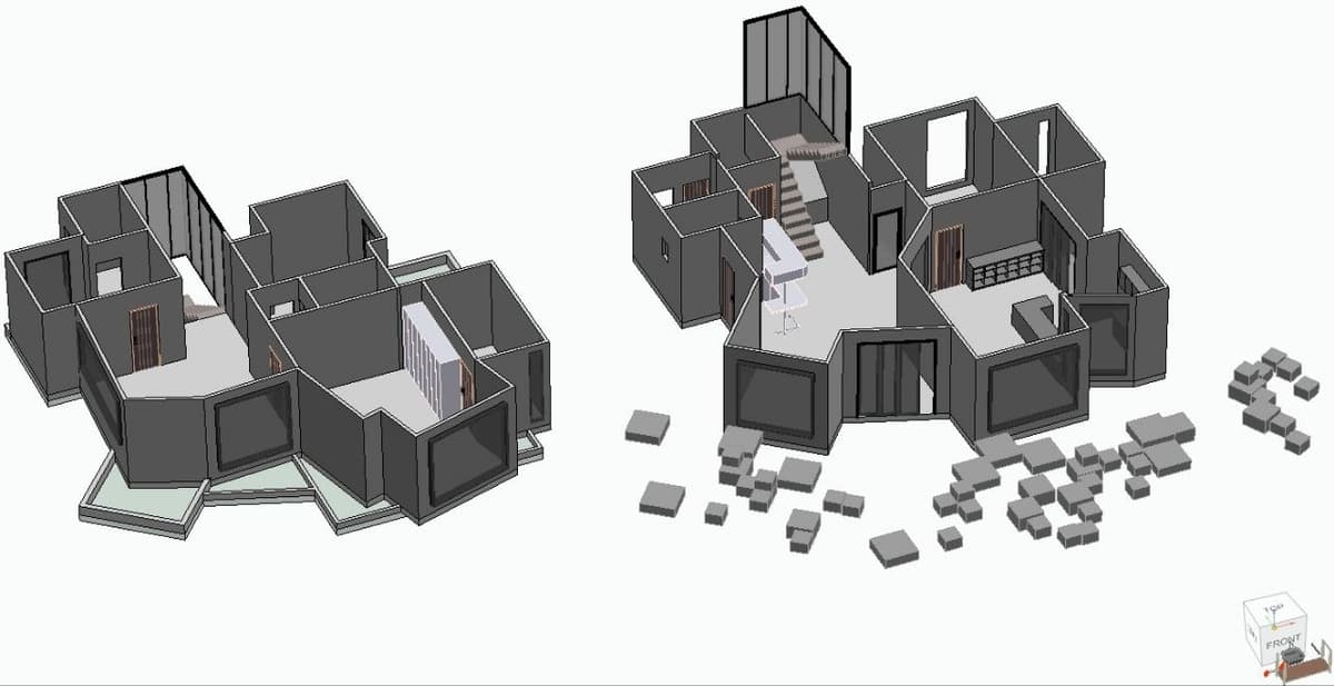 Calma.Basic modular massing study — isometric assembly volumes and plan logic