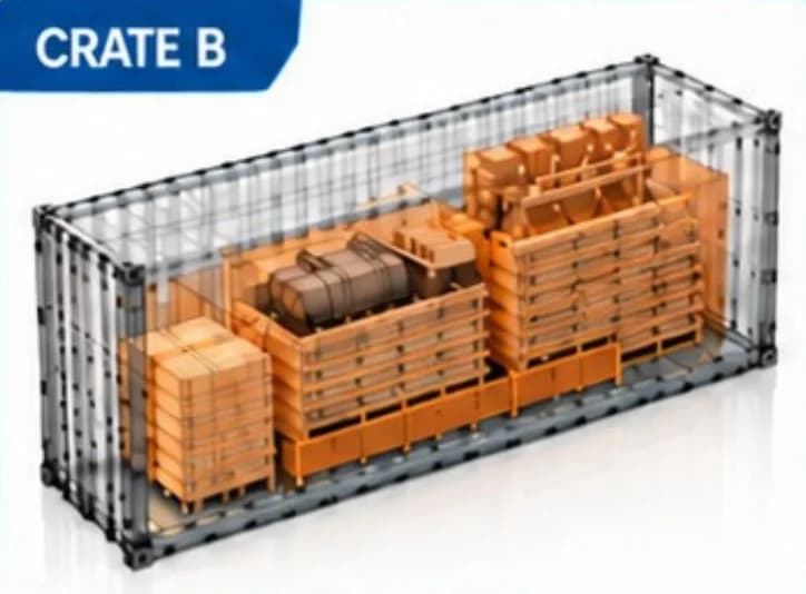 Ilustrasyon sa kahel nga component packs ug equipment sa container para sa Category B