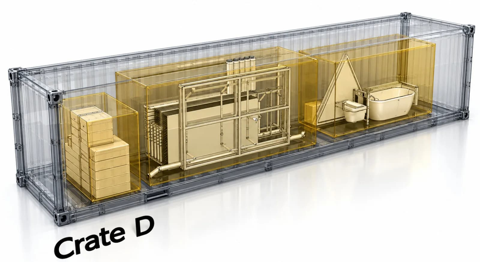 Ilustrasyon sa frames, panels, kahon ug bathroom fixtures sa container nga gimarkahang Crate D