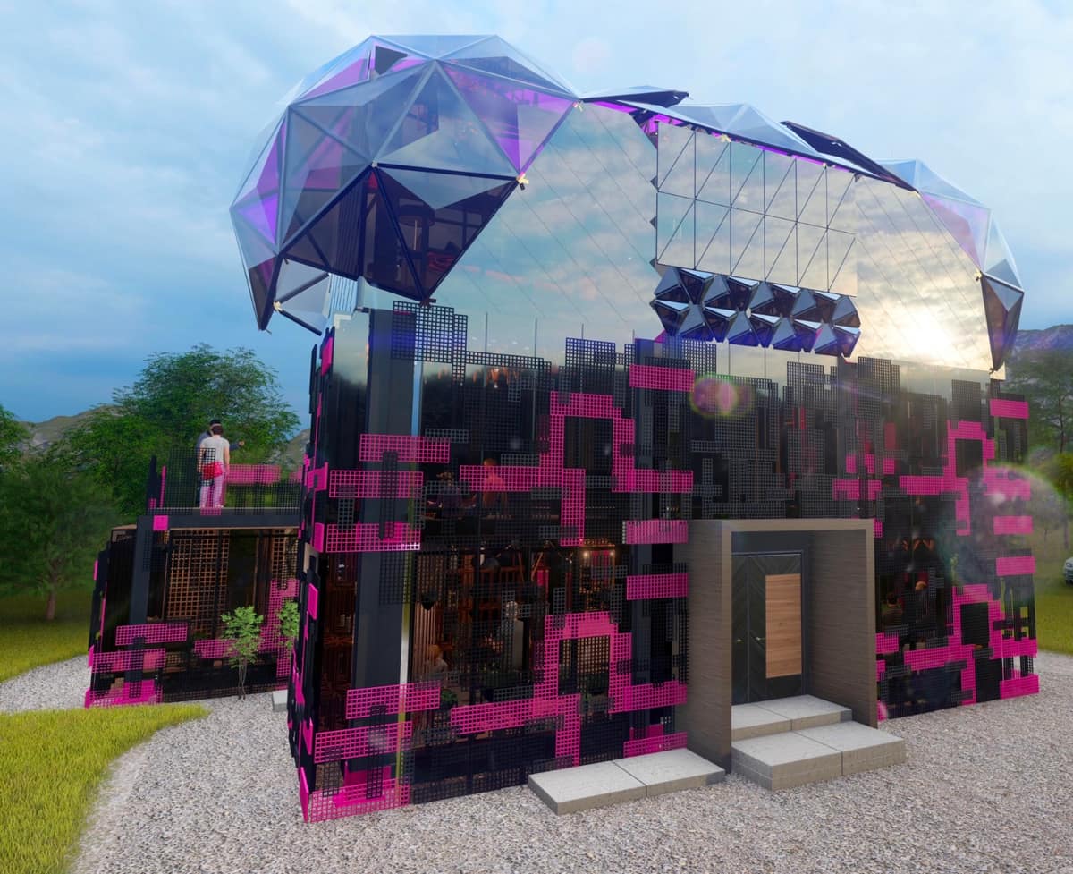 Secret Fresh Gallery collaboration — exterior with crystal roof and pink lattice