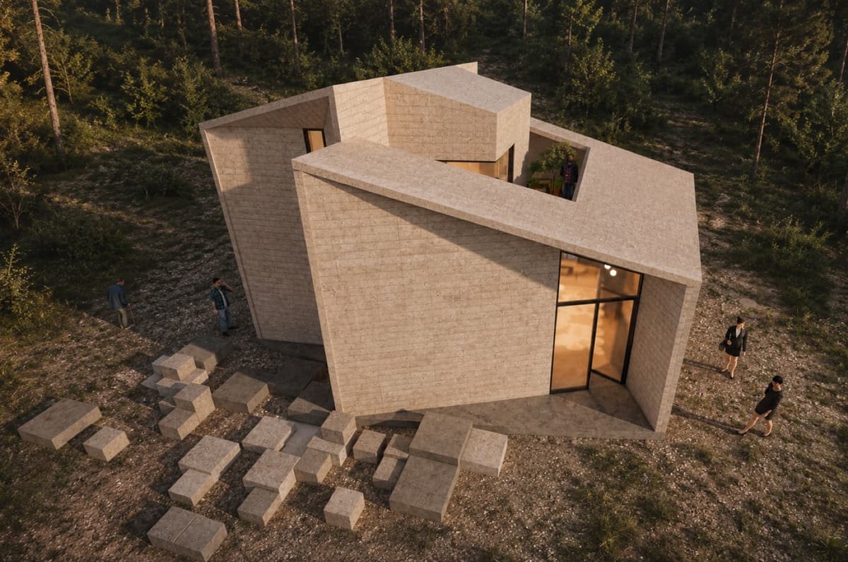 Calma.Basic angular modular courtyard home in forest — board-formed volumes at golden hour Philippines