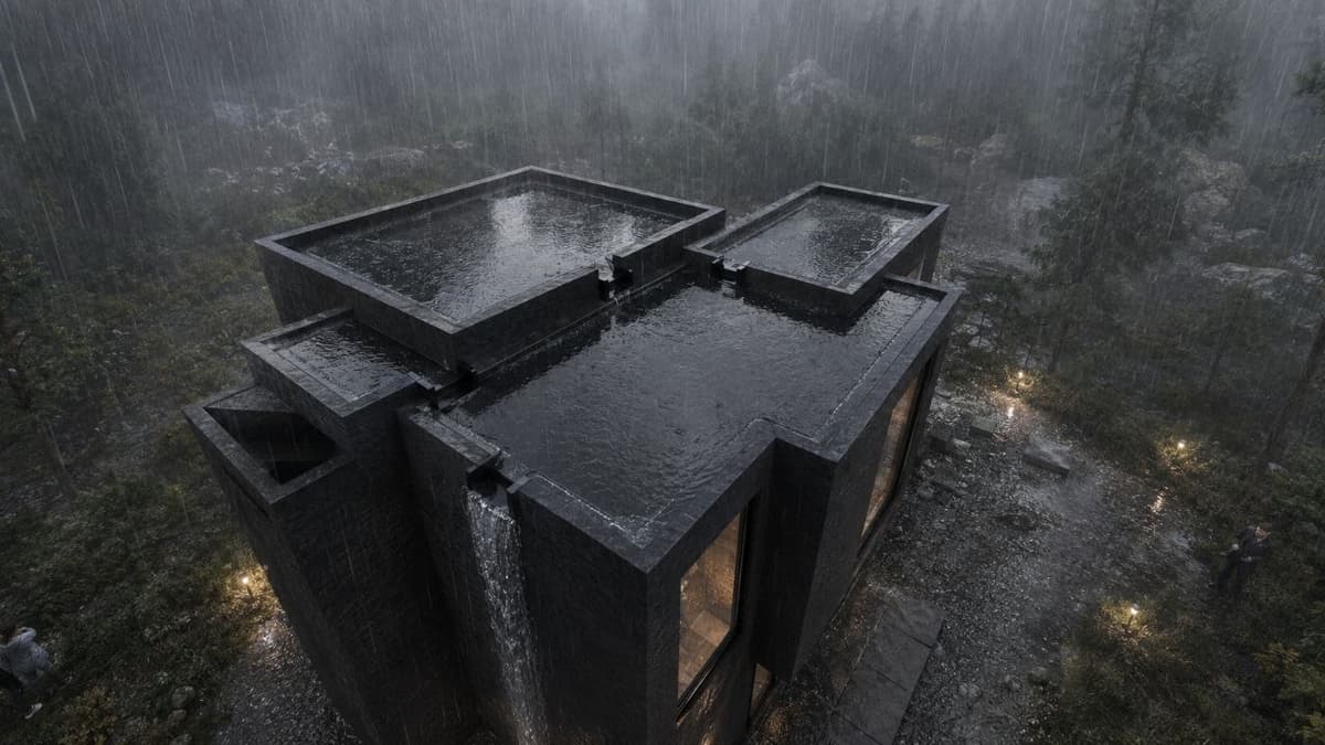 Calma.Basic black-skin modular home aerial in rain — charcoal roof planes and warm glazing
