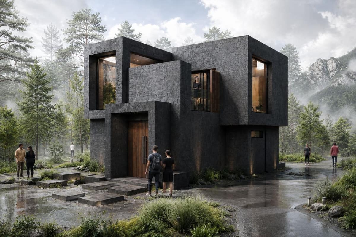 Calma.Basic black-skin modular home at forest entry — charcoal soft-stone facade Philippines
