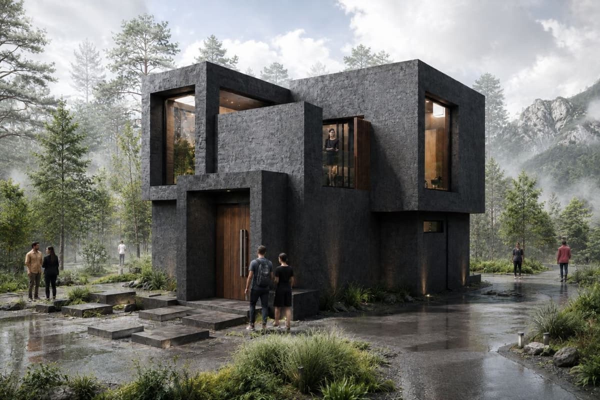 Calma.Basic black-skin modular home at forest entry — charcoal soft-stone facade Philippines